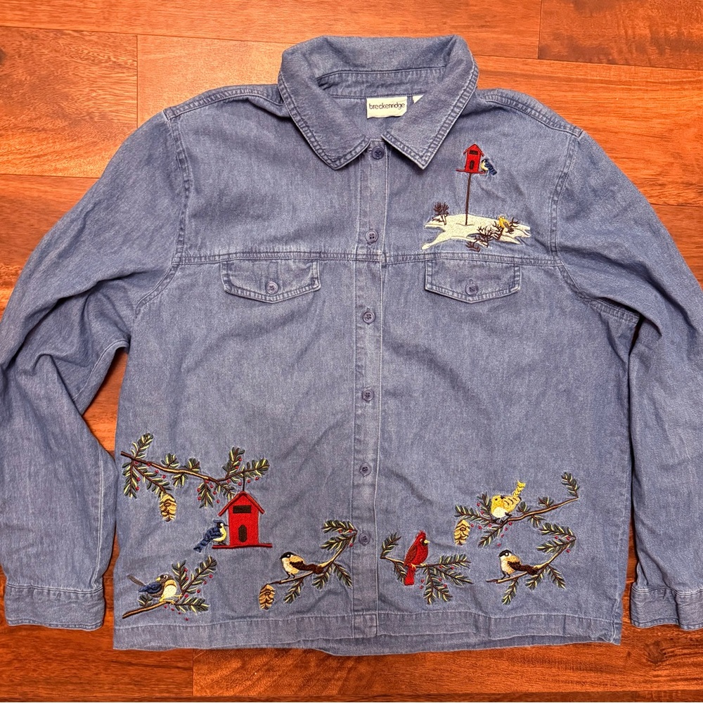 breckenridge Blue Denim Button-Down Shirt with Bird & Birdhouse Embroidery